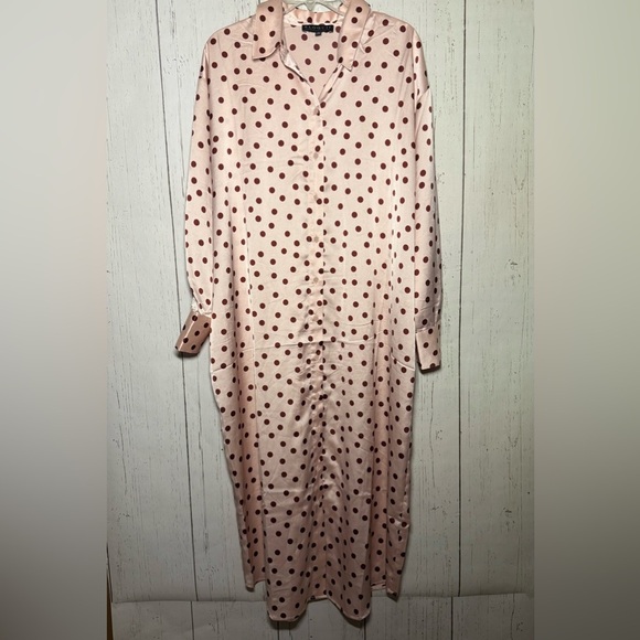 ELOQUII Maxi Shirt Dress Collared Button Down Pink Satin Red Polka Dot Size 14 - Picture 2 of 5